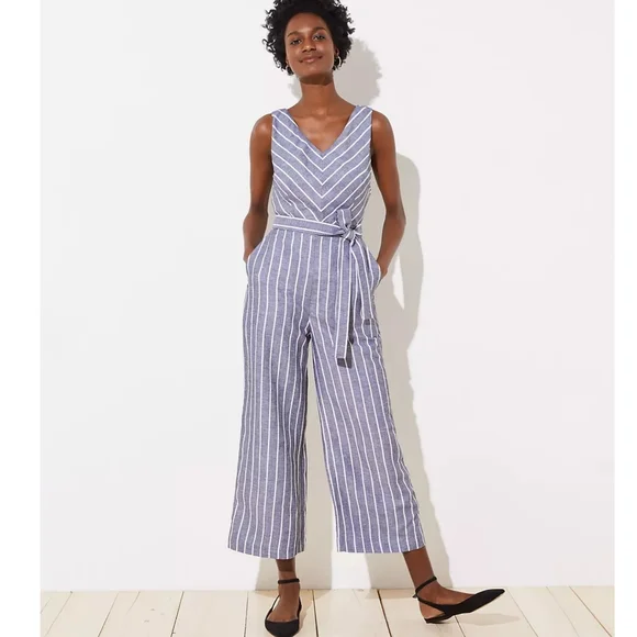 Loft Jumpsuit Belted Striped Wide Leg Jumpsuit Grey White 8 - Picture 5 of 9